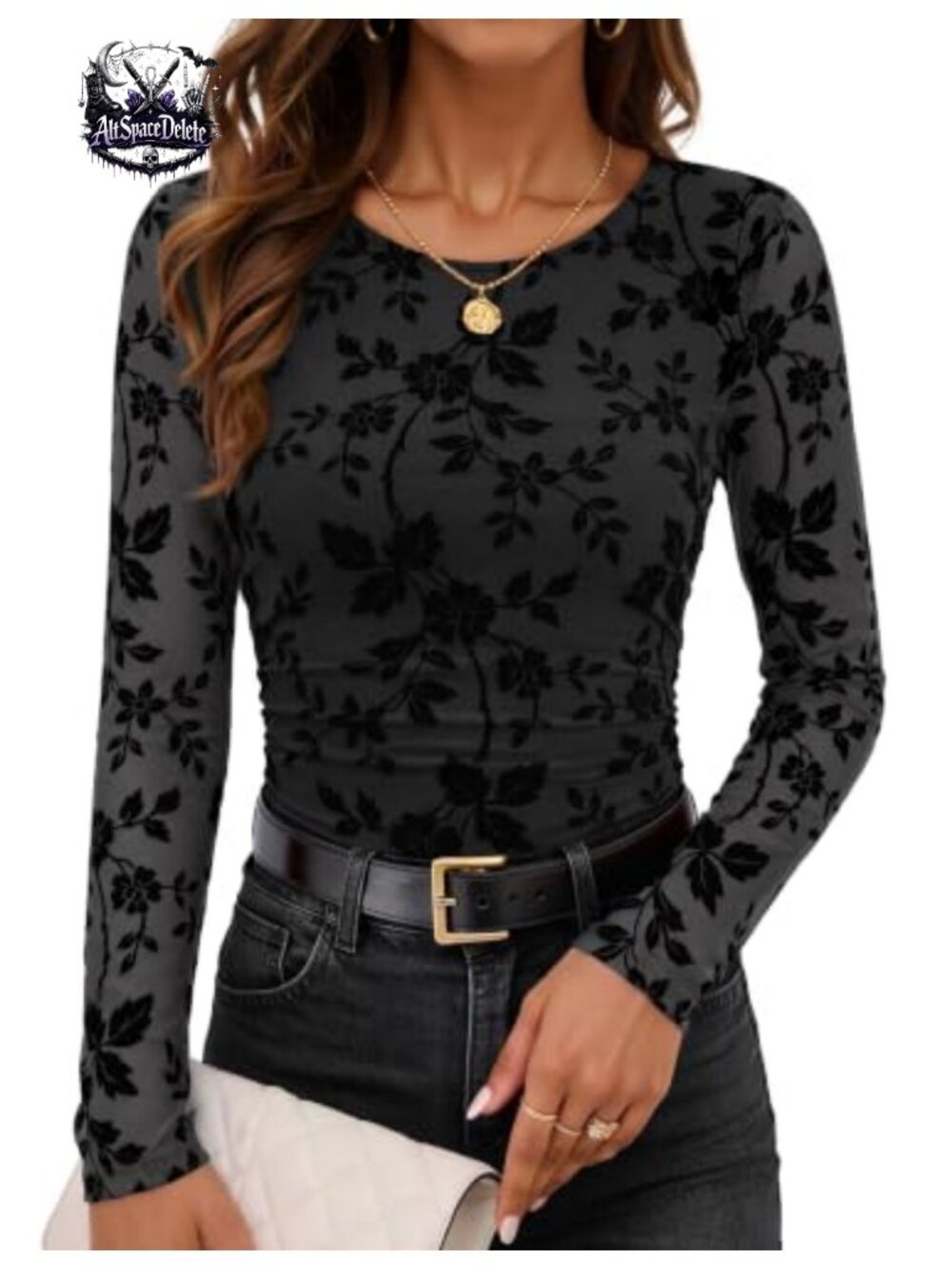 Womens Long Sleeve Floral Mesh Blouse Ruched Waist Dressy Casual Top